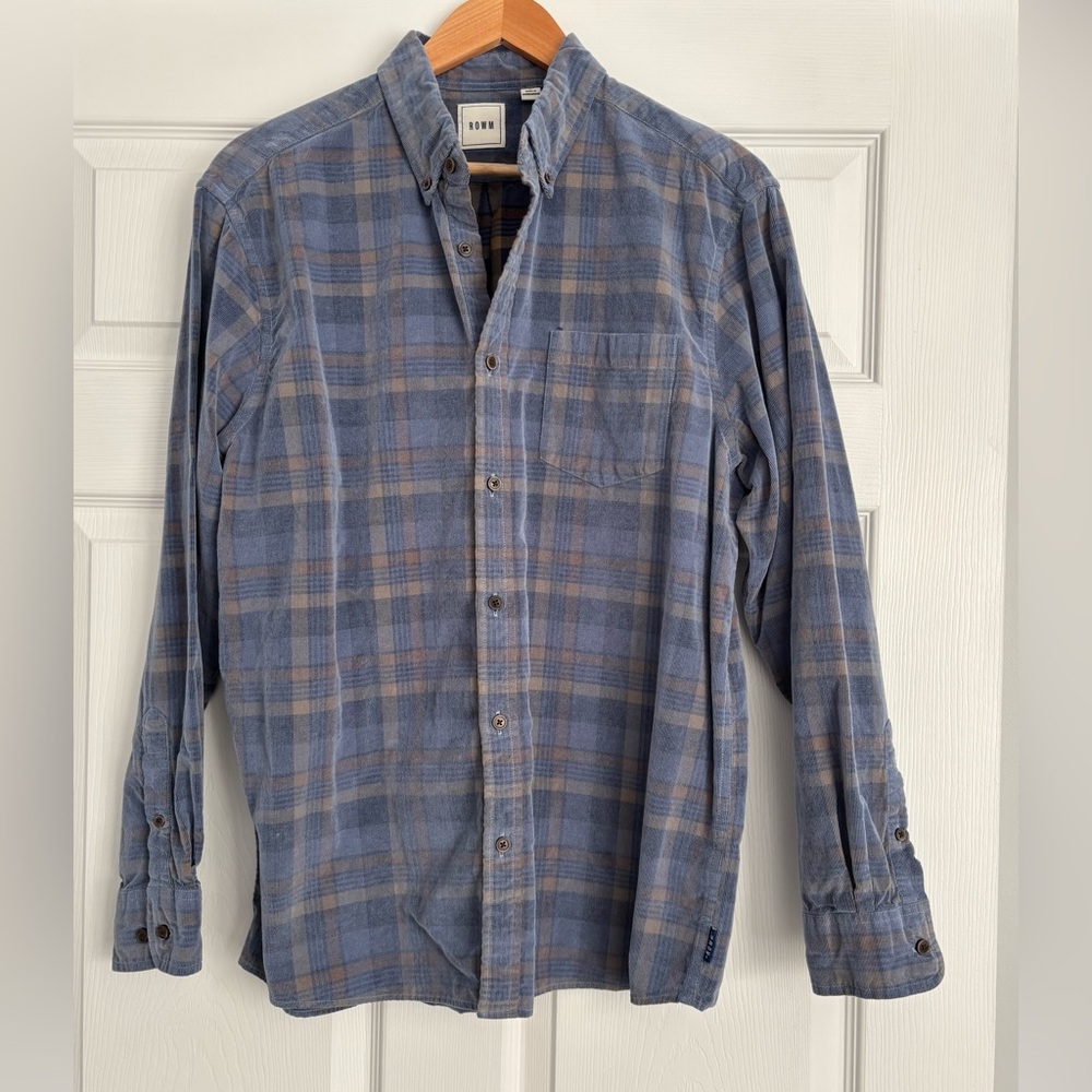 Rowm Men’s Corduroy Blue/Tan  Plaid  Shirt, Size L